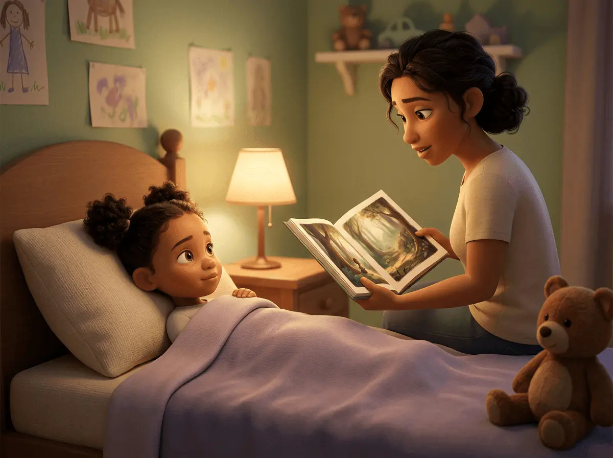 Petite fille allongée dans son lit, calée contre l'oreiller, écoutant un parent lui lire un livre illustré près d'une lampe de chevet, dans une chambre aux murs sage green et à la couverture lavande