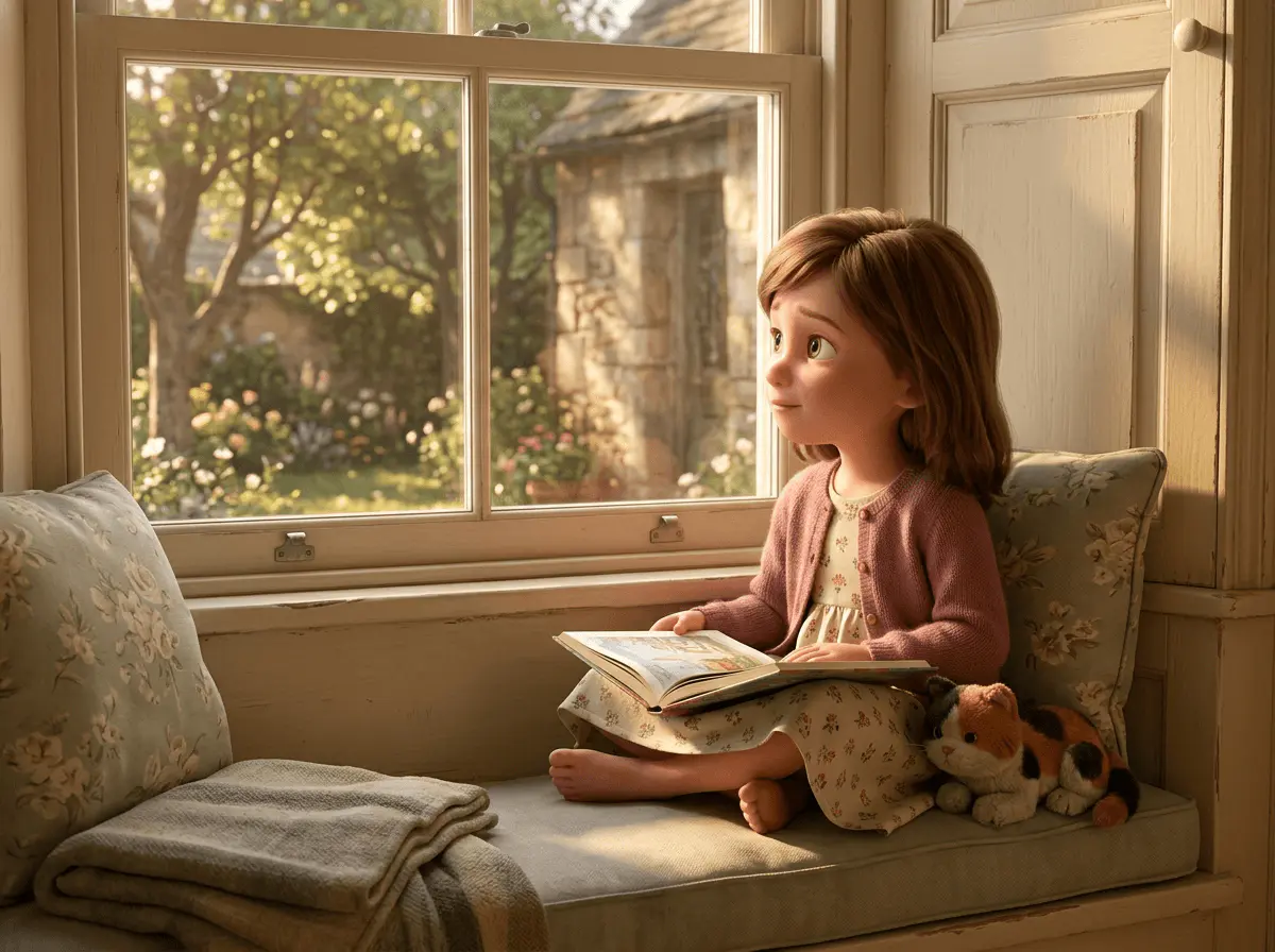 Petite fille de 6 ans à la peau claire et aux cheveux châtains, recroquevillée sur le rebord d'une fenêtre, livre illustré ouvert sur les genoux, regard perdu vers l'extérieur