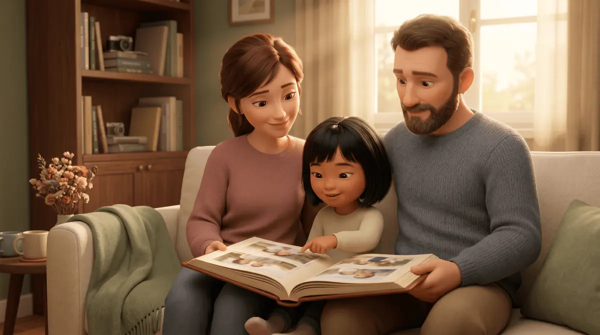 Enfant adopté : parents et fille asiatique regardent l'album photo de l'arrivée