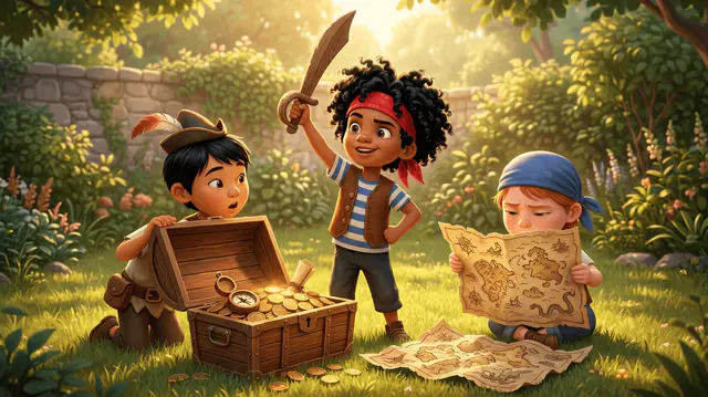 Trois enfants déguisés en pirates de différentes apparences ouvrant un coffre dans un jardin avec carte au trésor déroulée sur l'herbe