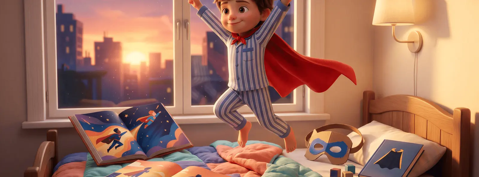 Enfant de 5 ans en pyjama avec une cape rouge, debout sur un lit dans une pose de super-héros, livres et masque en carton autour de lui