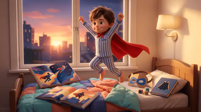 Enfant de 5 ans en pyjama avec une cape rouge, debout sur un lit dans une pose de super-héros, livres et masque en carton autour de lui