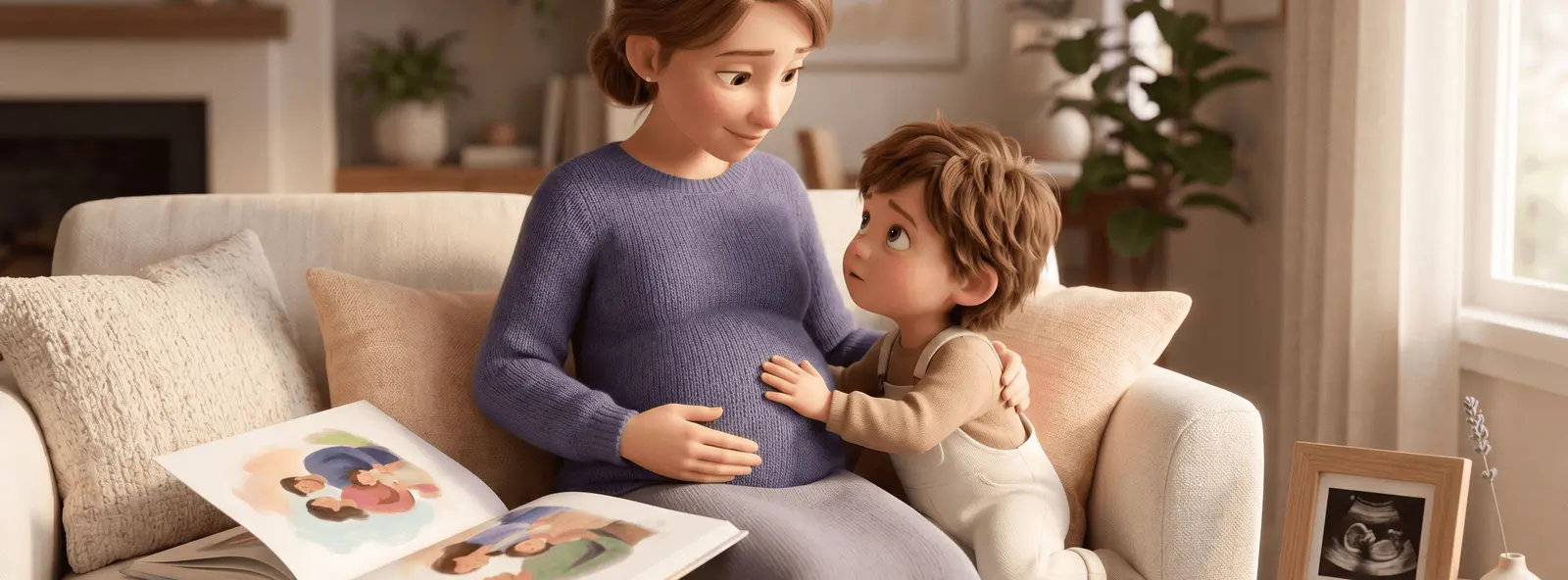 Mère enceinte assise sur un canapé, son enfant de 4 ans posant la main sur son ventre, livre illustré ouvert à côté et photo d'échographie encadrée sur une table basse