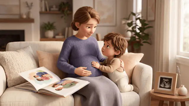 Mère enceinte assise sur un canapé, son enfant de 4 ans posant la main sur son ventre, livre illustré ouvert à côté et photo d'échographie encadrée sur une table basse